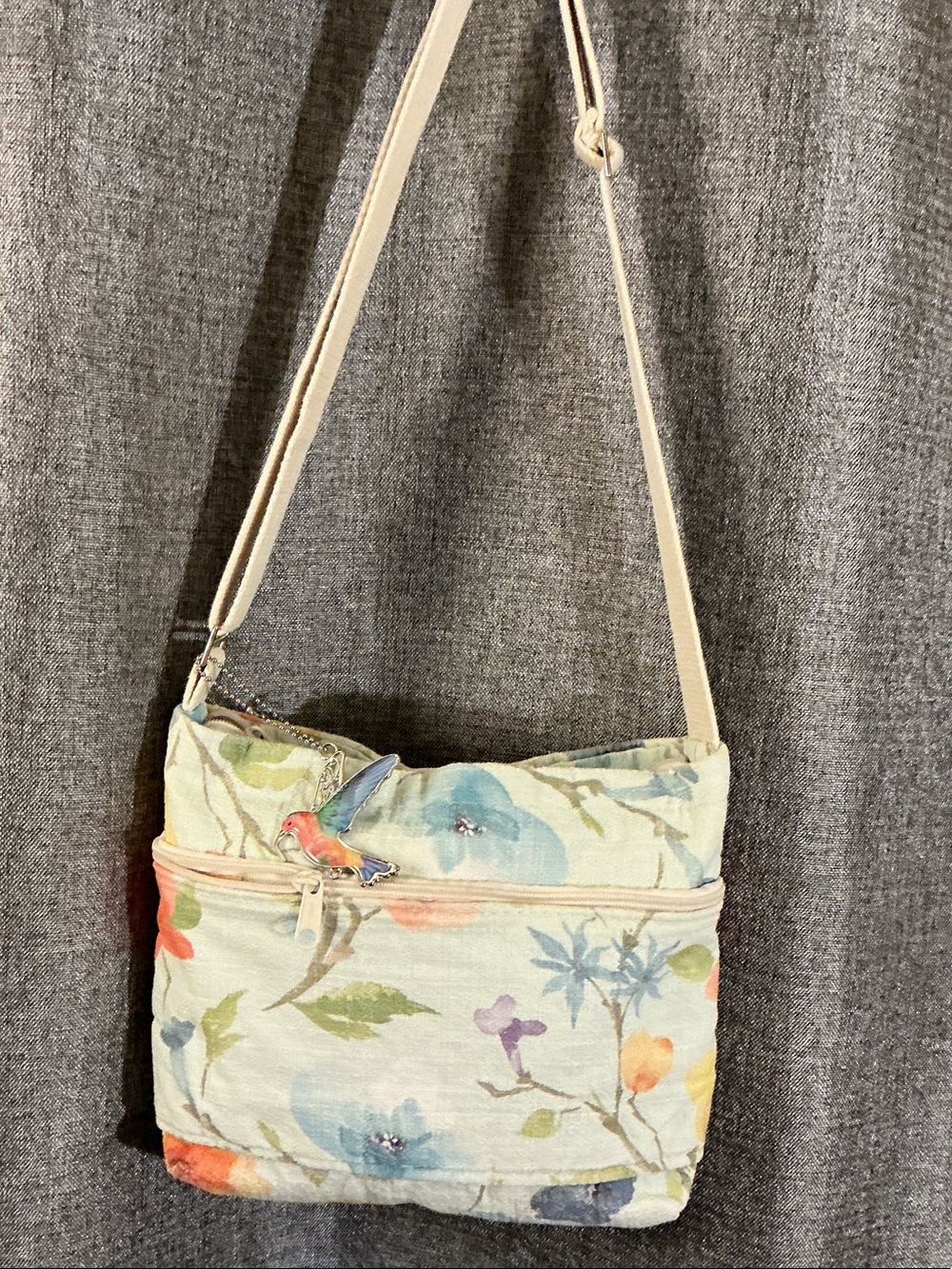 Pastel Floral Crossbody Bag with Bird Accent - Cream Strap